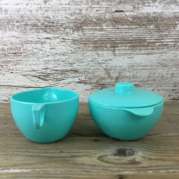 Vintage Lustro-Ware Turquoise Creamer & Sugar Bowl with Lid – Plastic USA MCM - Picture 2 of 8